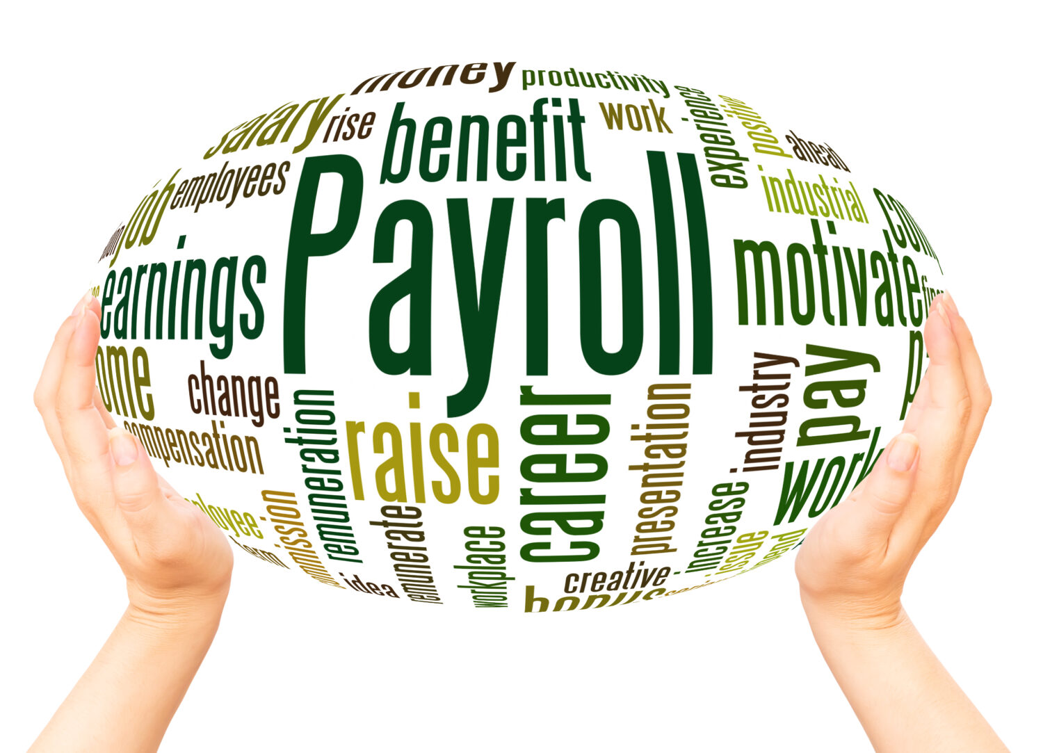 Payroll word cloud hand sphere concept on white background.