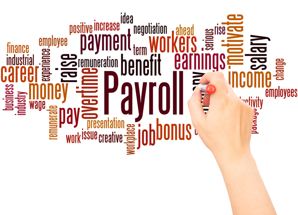 Payroll word cloud hand writing concept on white background.